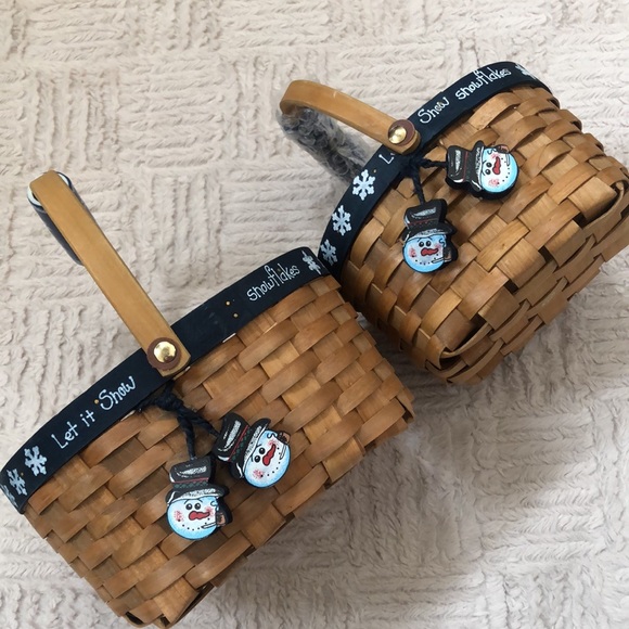 Set of 2 handled nested baskets, snowman charms and ceramic handles - New - Picture 1 of 16